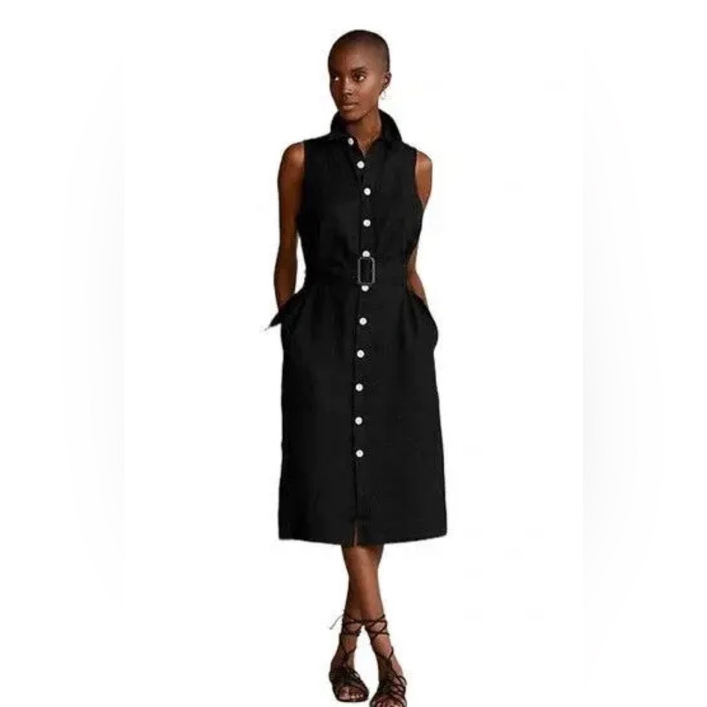 Polo Ralph Lauren Womens Black Linen Button Front Midi Belt Dress Minimalist